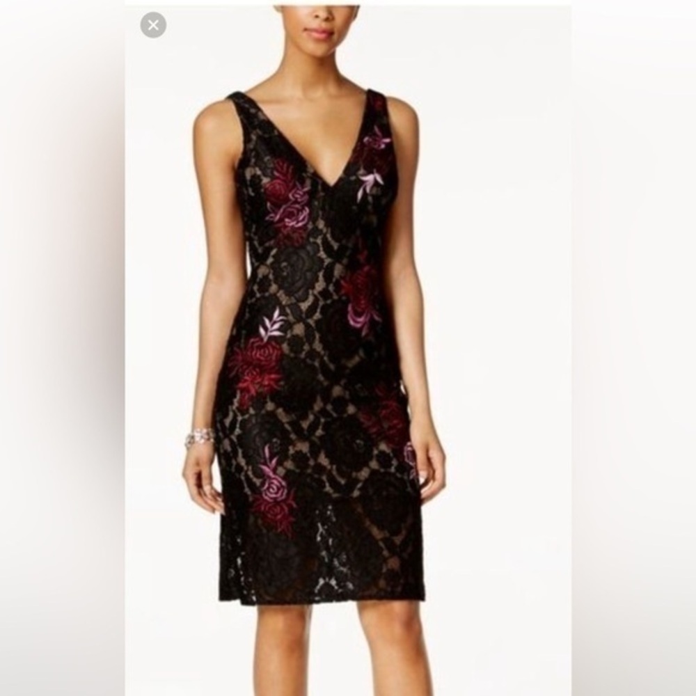 BETSY & ADAM Womens Black Floral Sleeveless V Neck Knee Length Body Con Dress 12